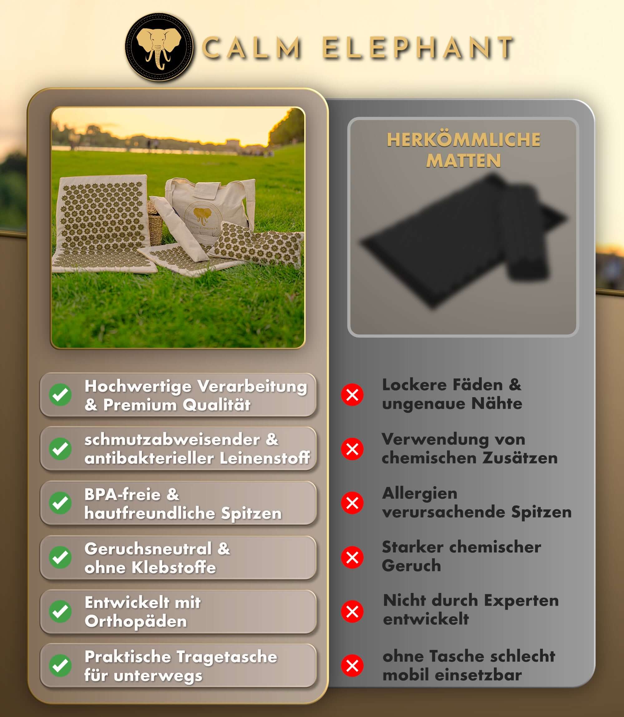 Akupressurmatte | GENUINE 5er Set - beige mit Informationen zur Qualitätsverarbeitung und Vorteilen für Gesundheit und Komfort.