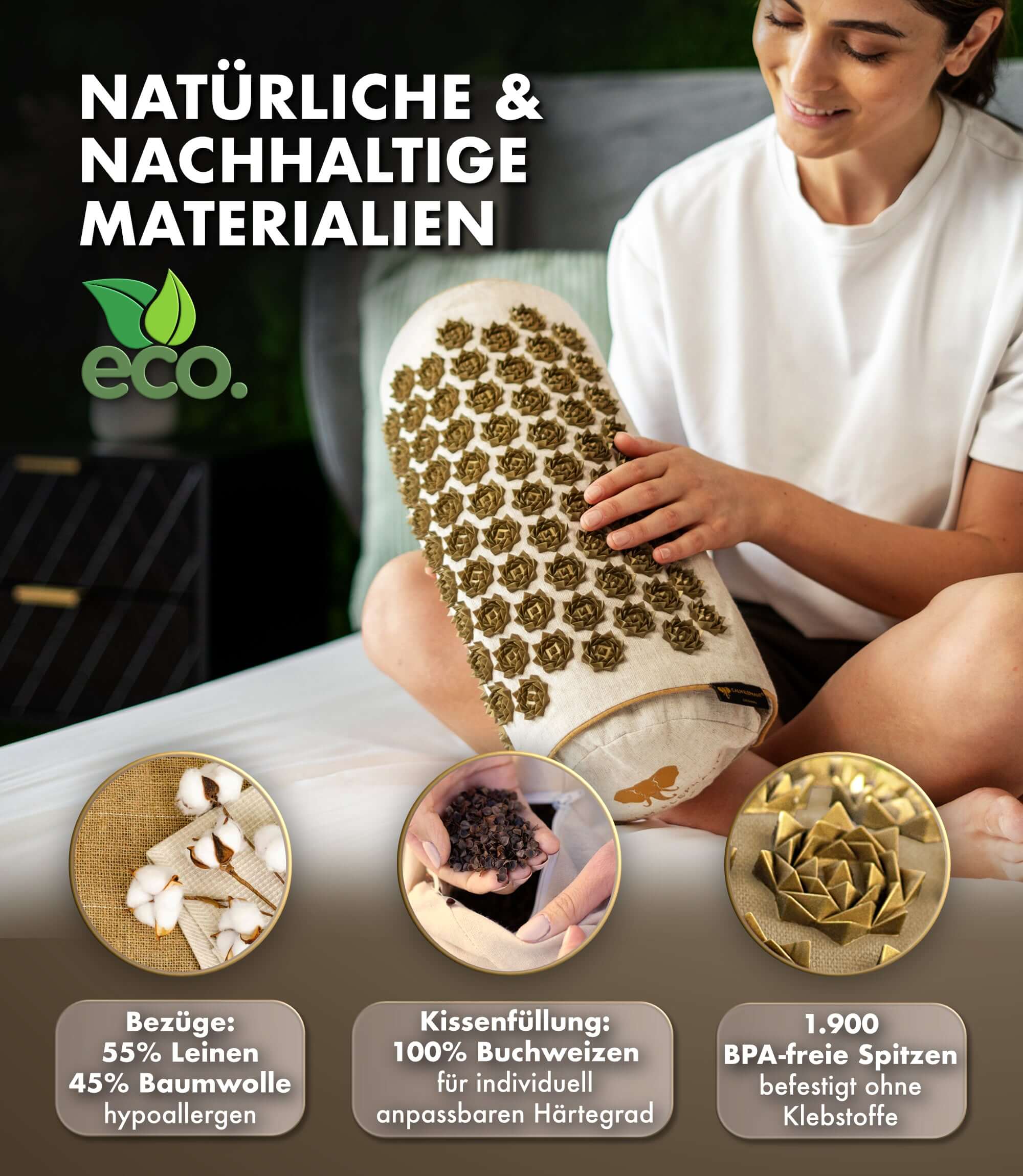 Akupressurkissen 2in1 - beige mit nachhaltigen Materialien für Nackenverspannungen und Kopfschmerzen.