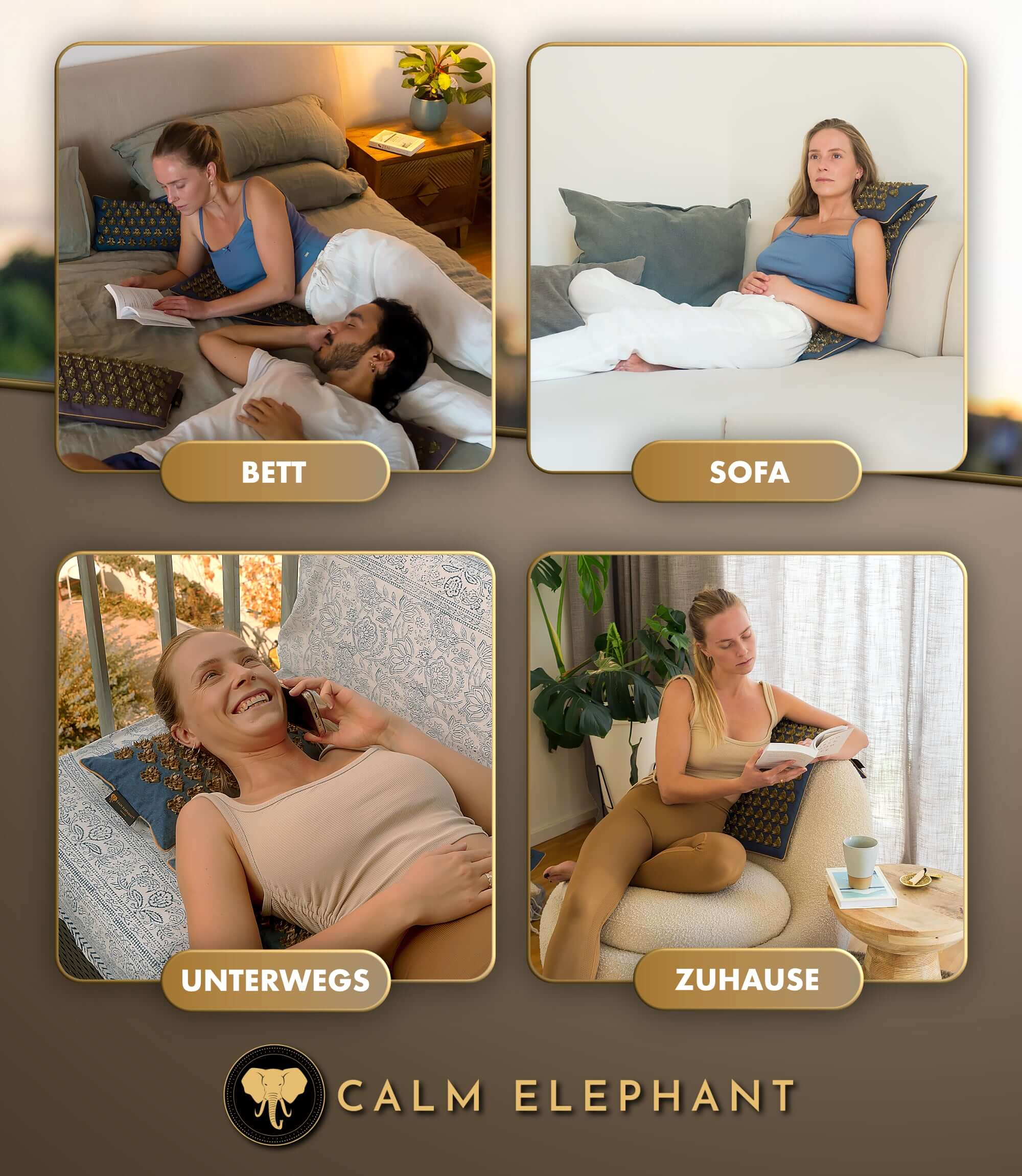 Akupressurmatte intensiv | MANDALA PRO ECO 3er Set - blau in Verwendung auf Bett, Sofa, unterwegs und Zuhause.