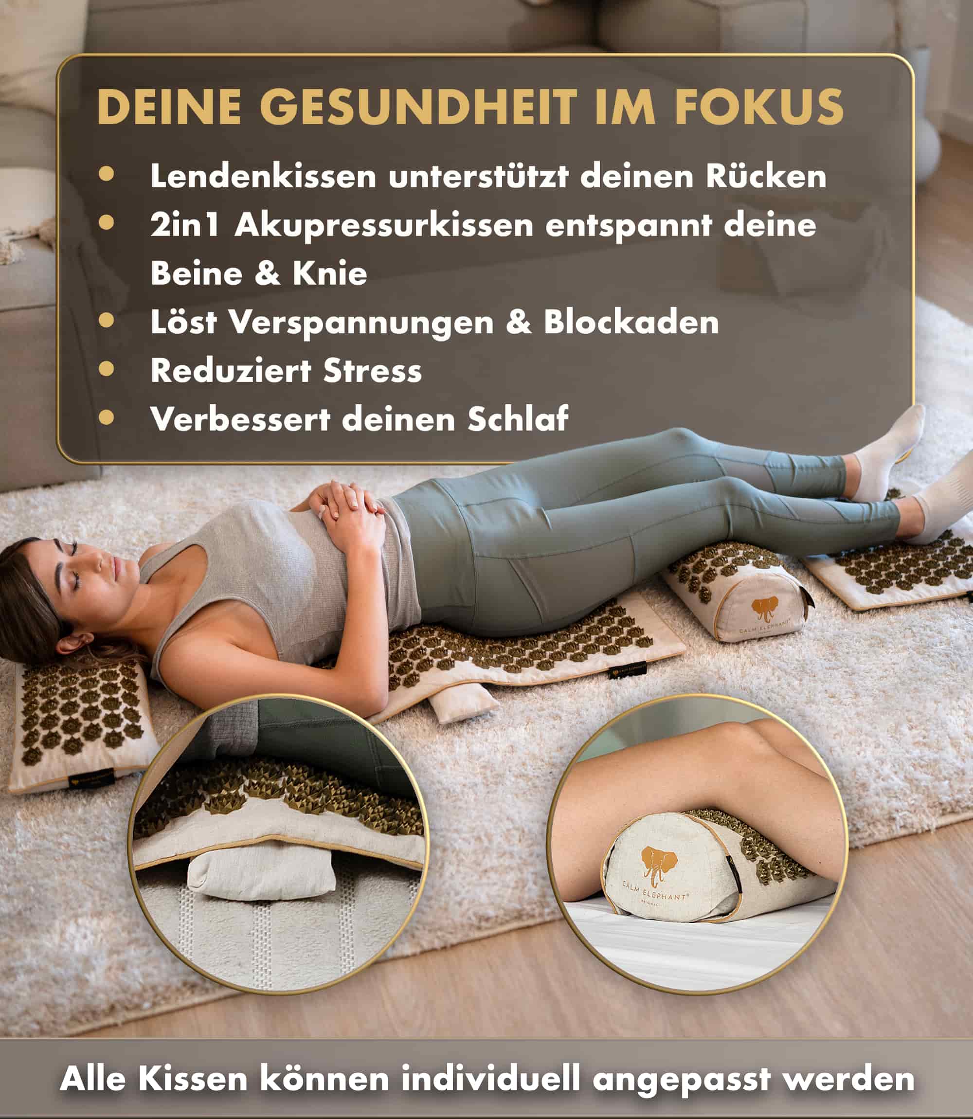 Akupressurmatte | ULTIMATE 6er Set - beige mit Lendenkissen zur Unterstützung des Rückens, Entspannung und Stressreduktion.
