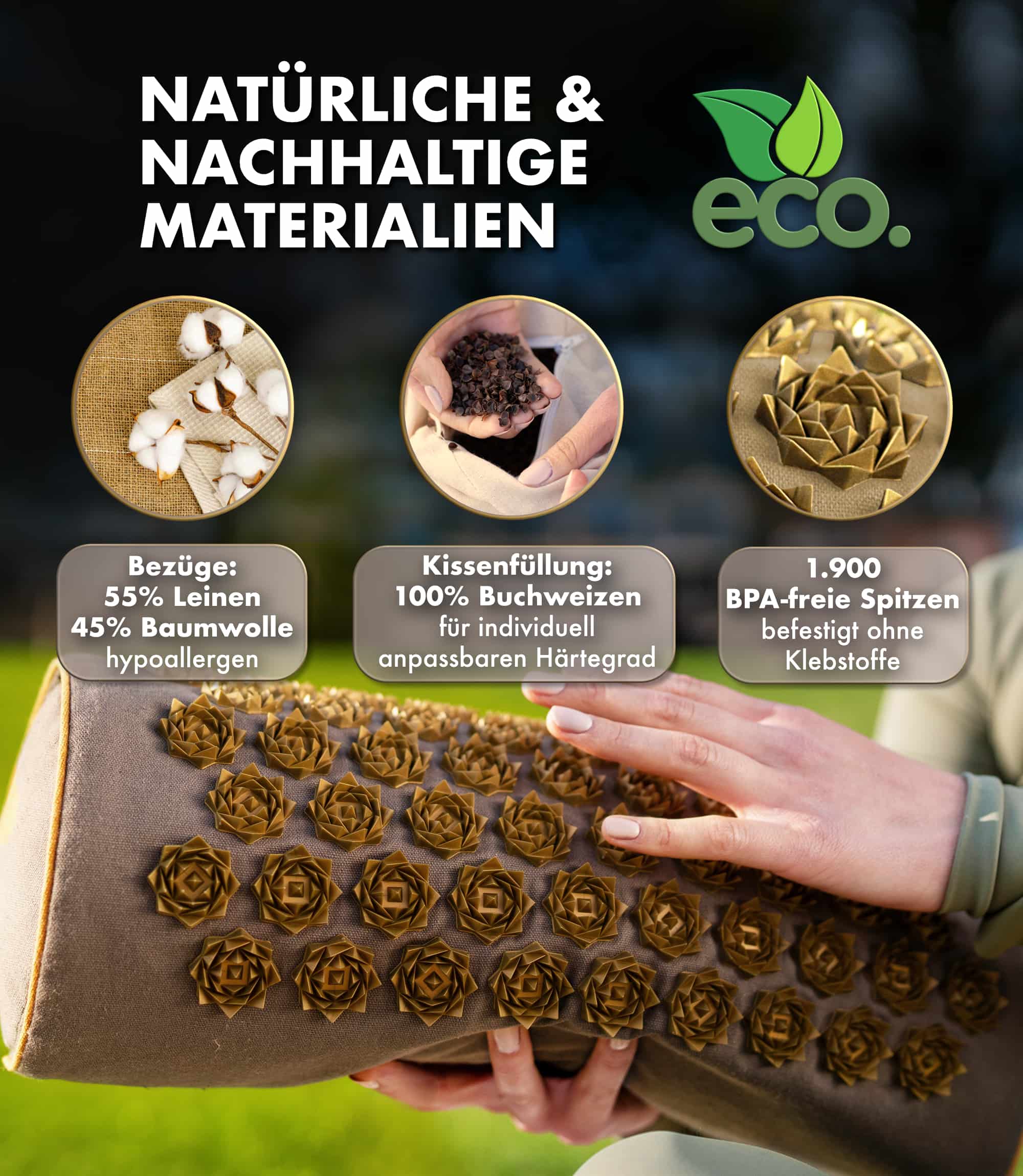 Akupressurkissen 2in1 - grau zeigt natürliche und nachhaltige Materialien für Akupressur.