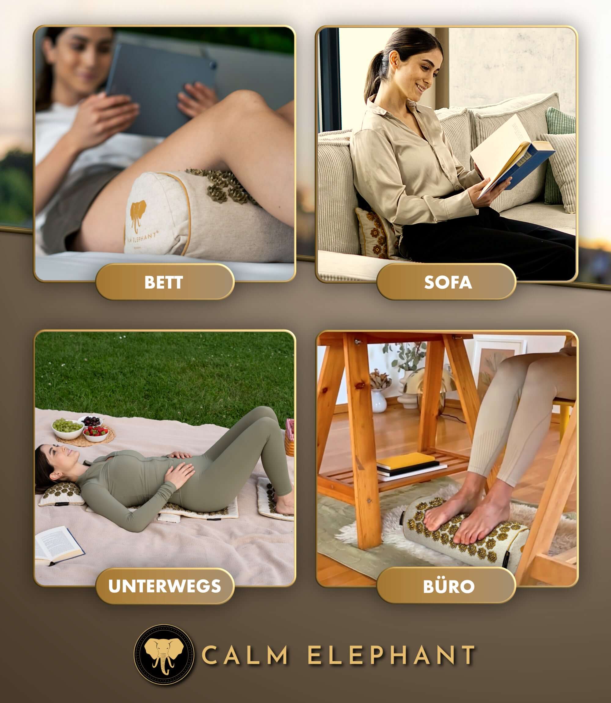 Akupressurmatte | ULTIMATE 6er Set - beige in Nutzung auf Bett, Sofa, unterwegs und im Büro.