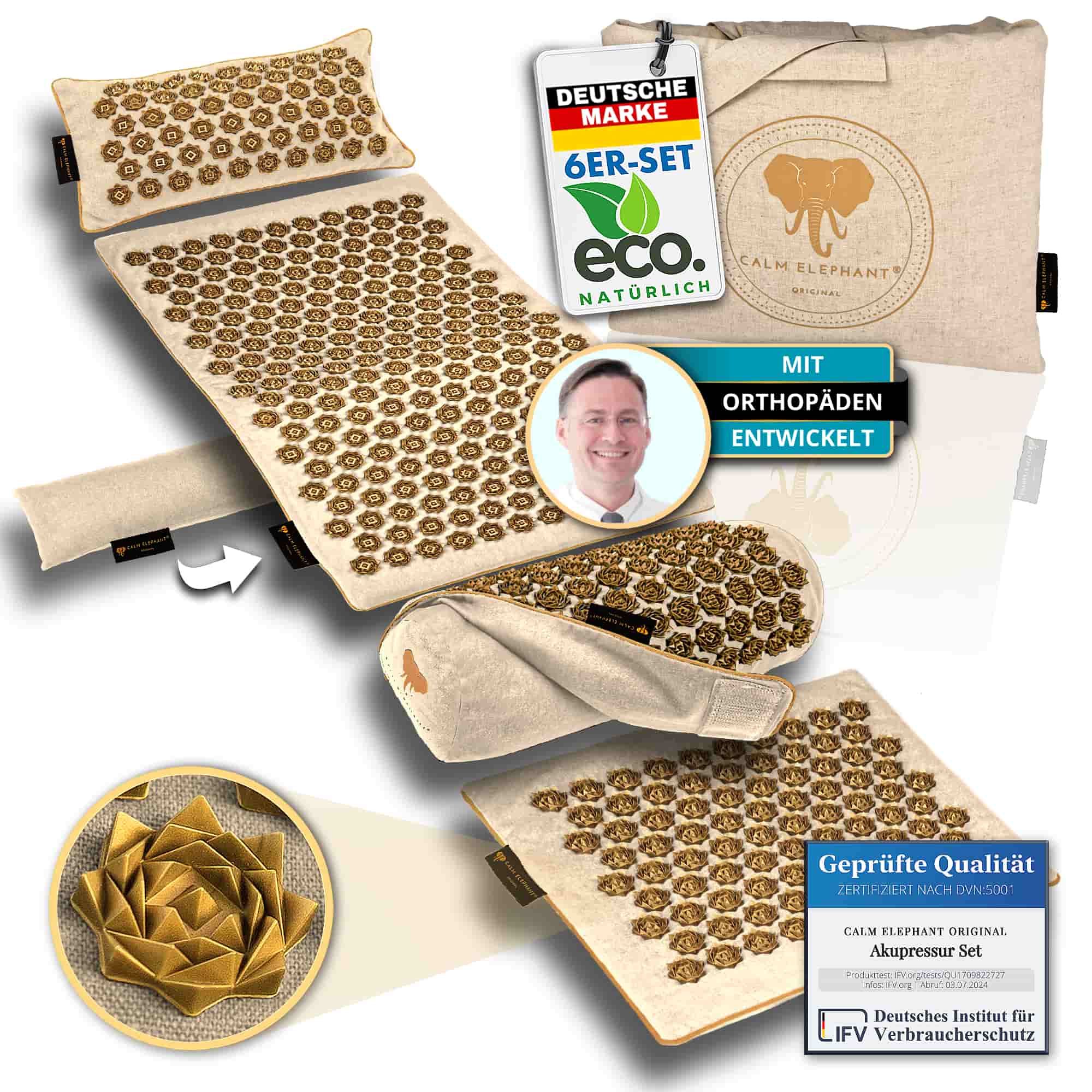 Akupressurmatte | ULTIMATE 6er Set - beige mit Kissen und Qualitätszertifikat von CALM ELEPHANT.
